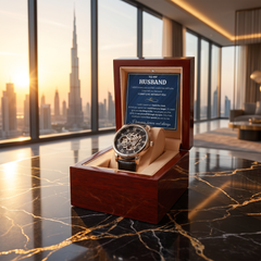 Luxury watch in a wooden box with a personalized message, set against a cityscape background.